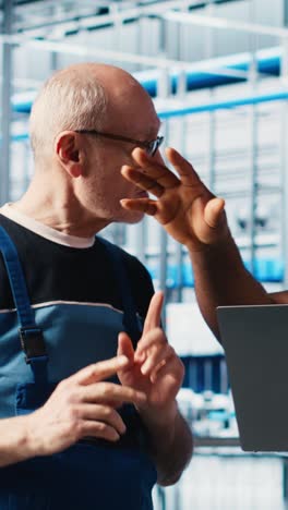 vertical video smart factory senior engineer teaching new trainee to manage robotic arms