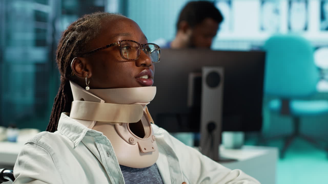Wheelchair user with a fractured neck injury wearing cervical foam collar