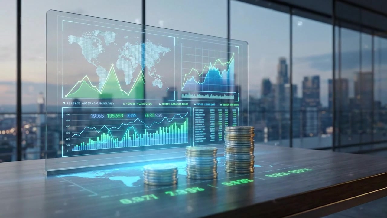 Stakke af mønter med digital finansiel datafremvisning på et moderne kontor
