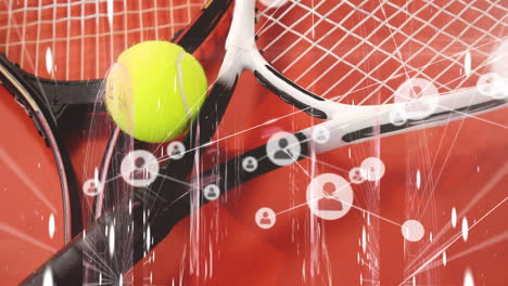 animation of network of connections with people icons over tennis ball and rackets