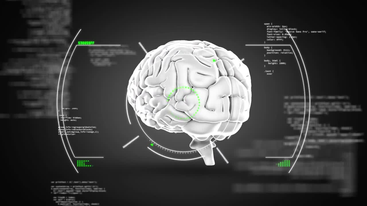 Animation of digital human brain in circles over computer language against abstract background