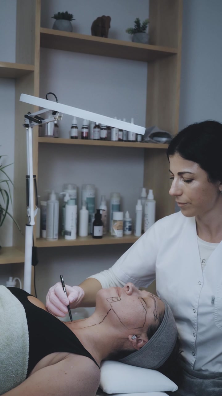 Specialista in estetica che segna il viso del paziente per una procedura estetica.