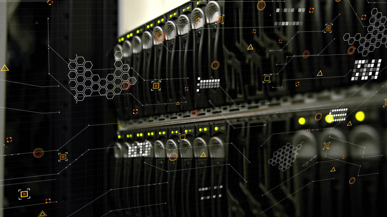 Animation of shapes and data processing over server room