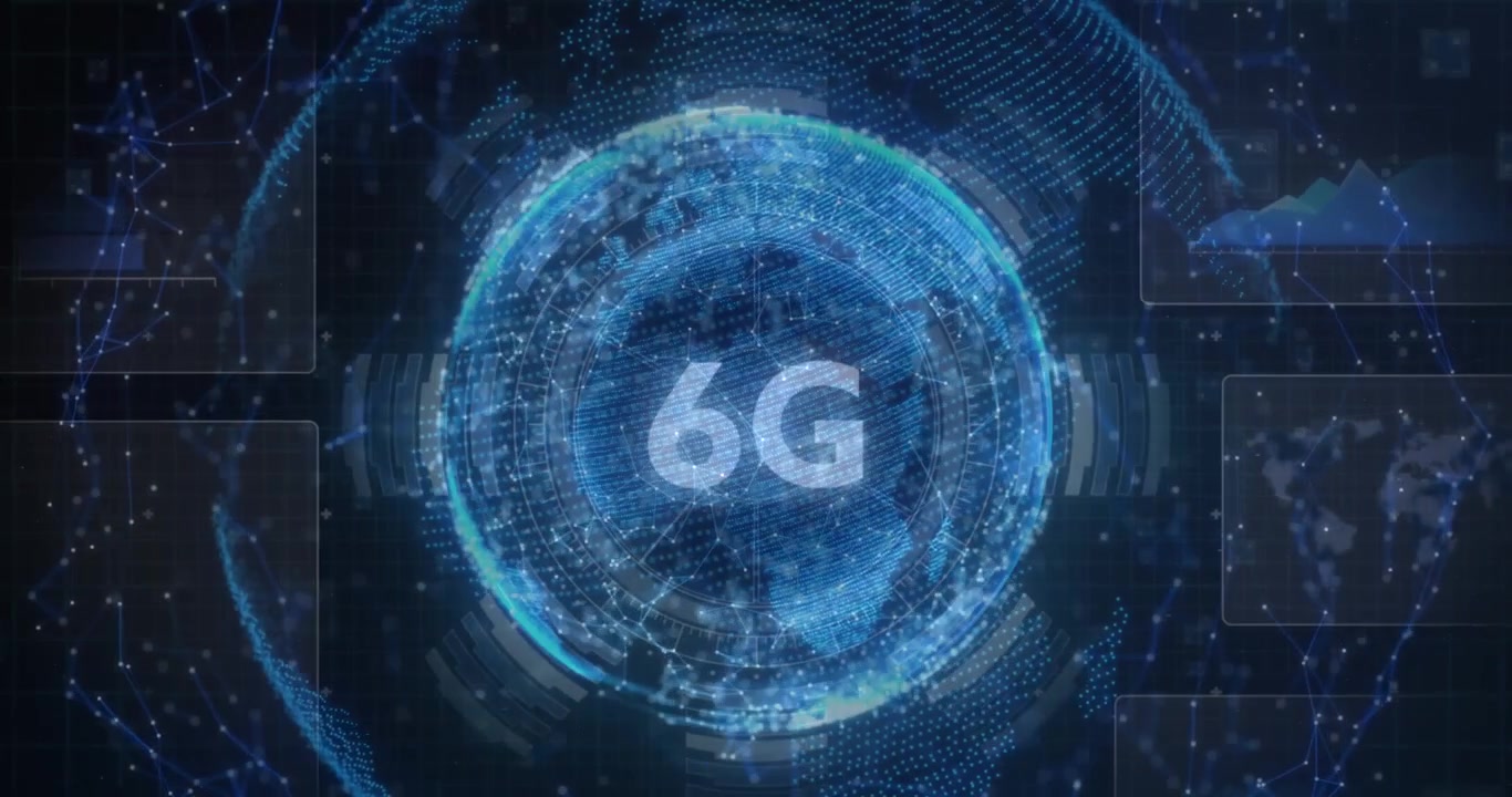 Animation of spinning globe and 6g text over dark background