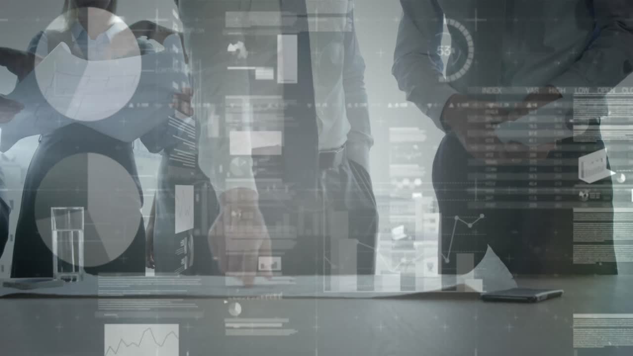 Animazione di elaborazione di statistiche e dati finanziari su architetti con progetti in riunione
