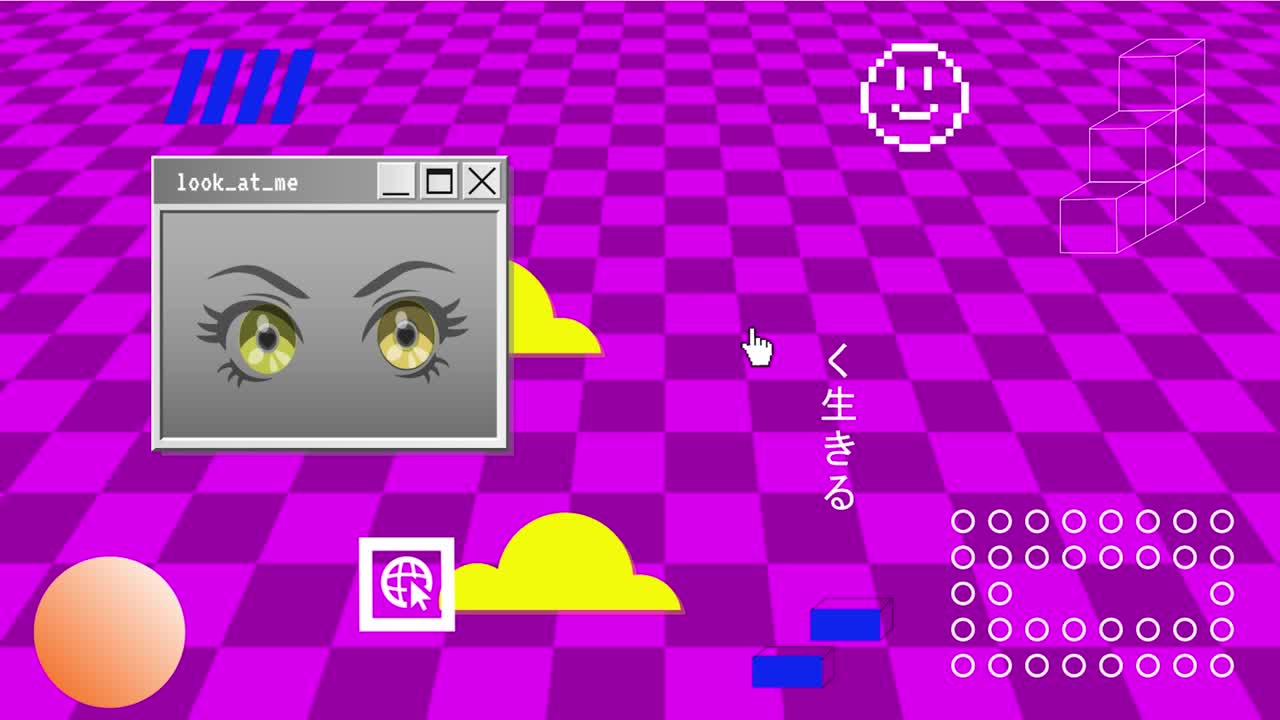 Retro Vaporwave Poster With User Interface Elements and Cartoon Anime Illustrations. Purple Abstract Aesthetic Background. 2D Animation.