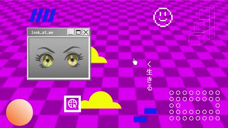 retro vaporwave poster with user interface elements and cartoon anime illustrations. purple abstract aesthetic background. 2d animation.