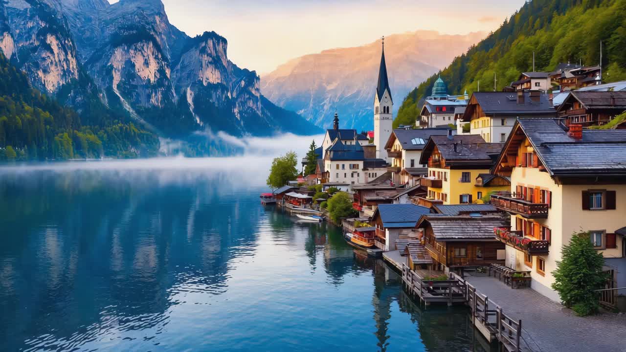 Hallstatt Village on Lake Hallstatt with Alpine Mountains at Sunrise