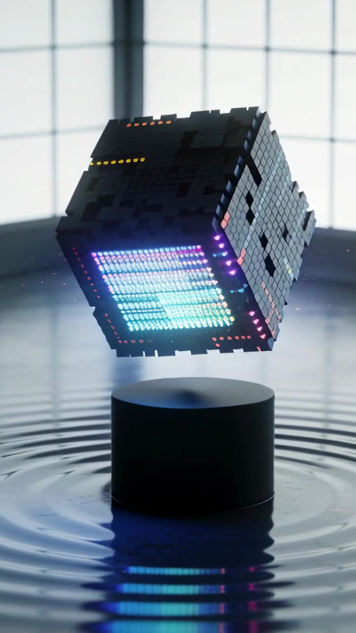 Vertical video: Powering voxel LED cube spinning, tilting above stand in studio pool