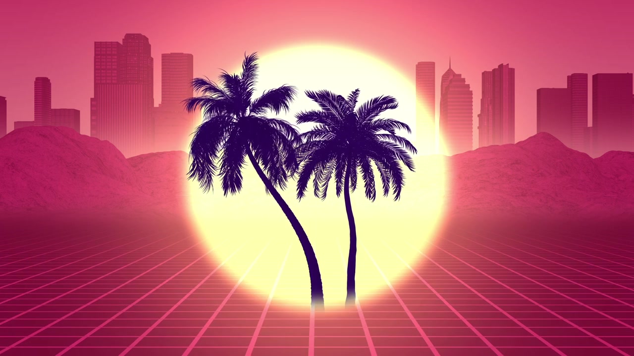 Paesaggio Synthwave Retrò con Palme, Sole Pulsante e Skyline della Città