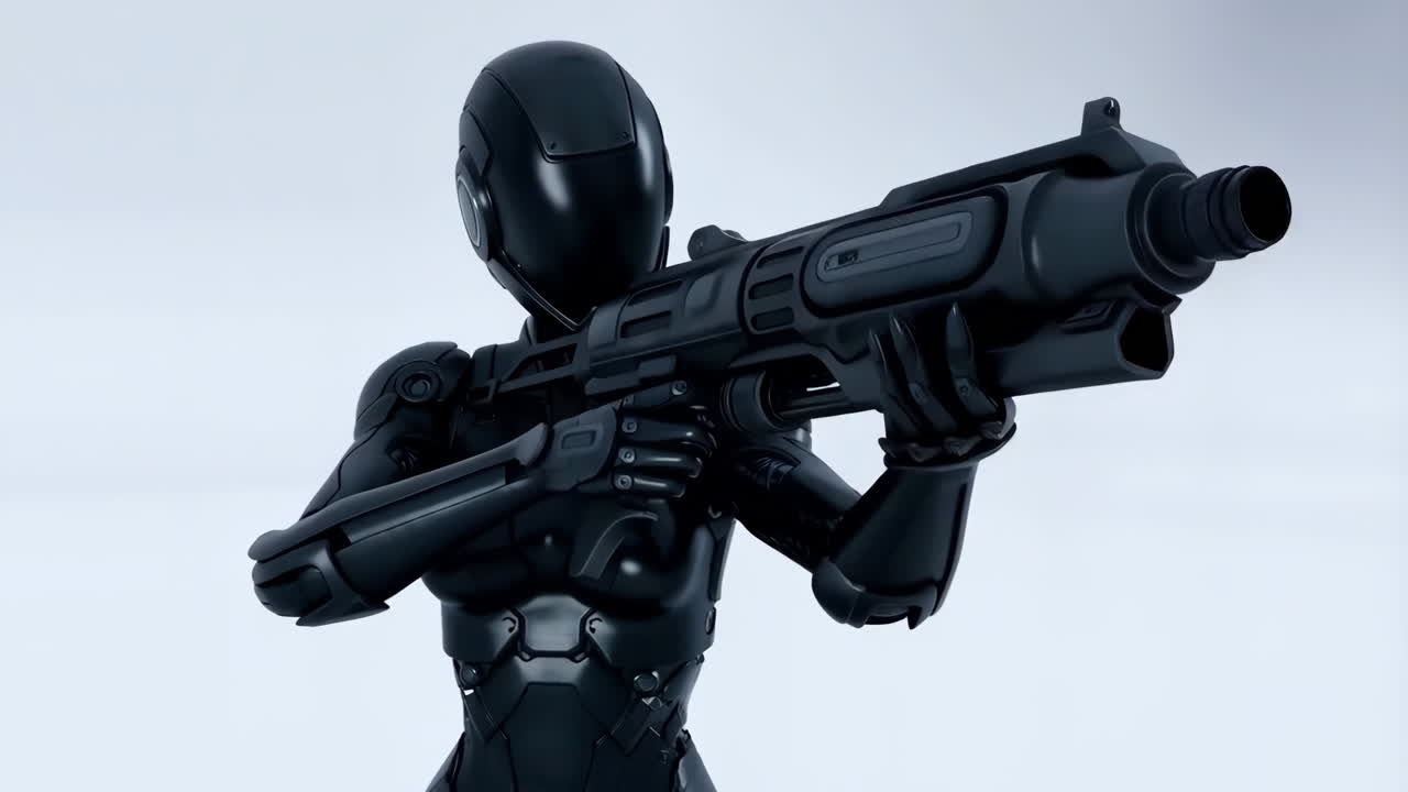 Black Futuristic Robot Soldier Aiming a Weapon