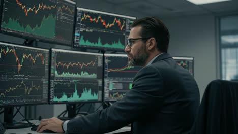 a focused professional analyzing market trends through multiple monitors: a day in the life of a financial analyst in a modern trading environment