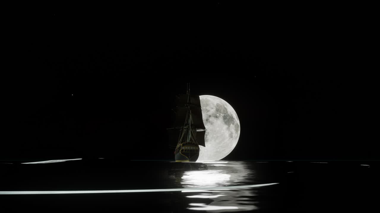A Vintage Schooner at Night under the Full Moon
