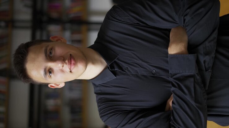 Portrait of caucasian librarian watching into camera seriously crossing hands over chest on bookshelves background