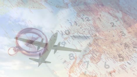 animation of clock ticking over plane and map