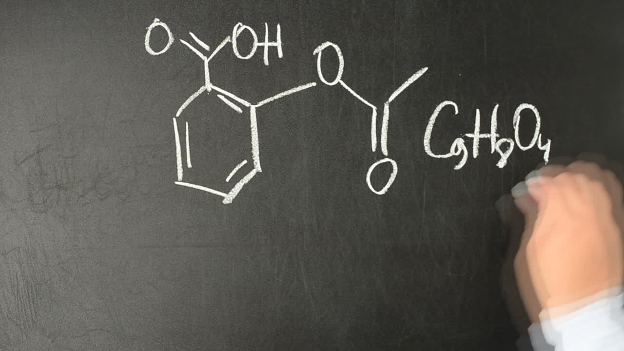 Chemical formula Aspirin. The accelerated video. We write with chalk on a board