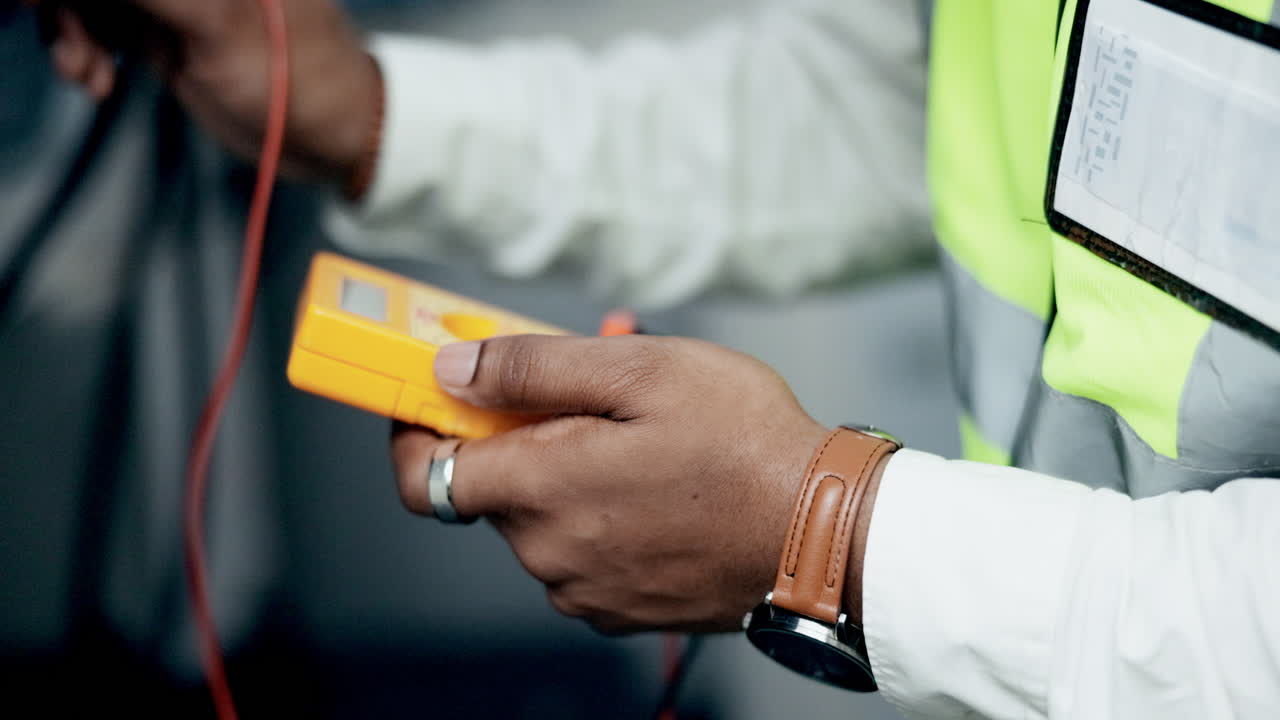 Technician, hands and multimeter testing power