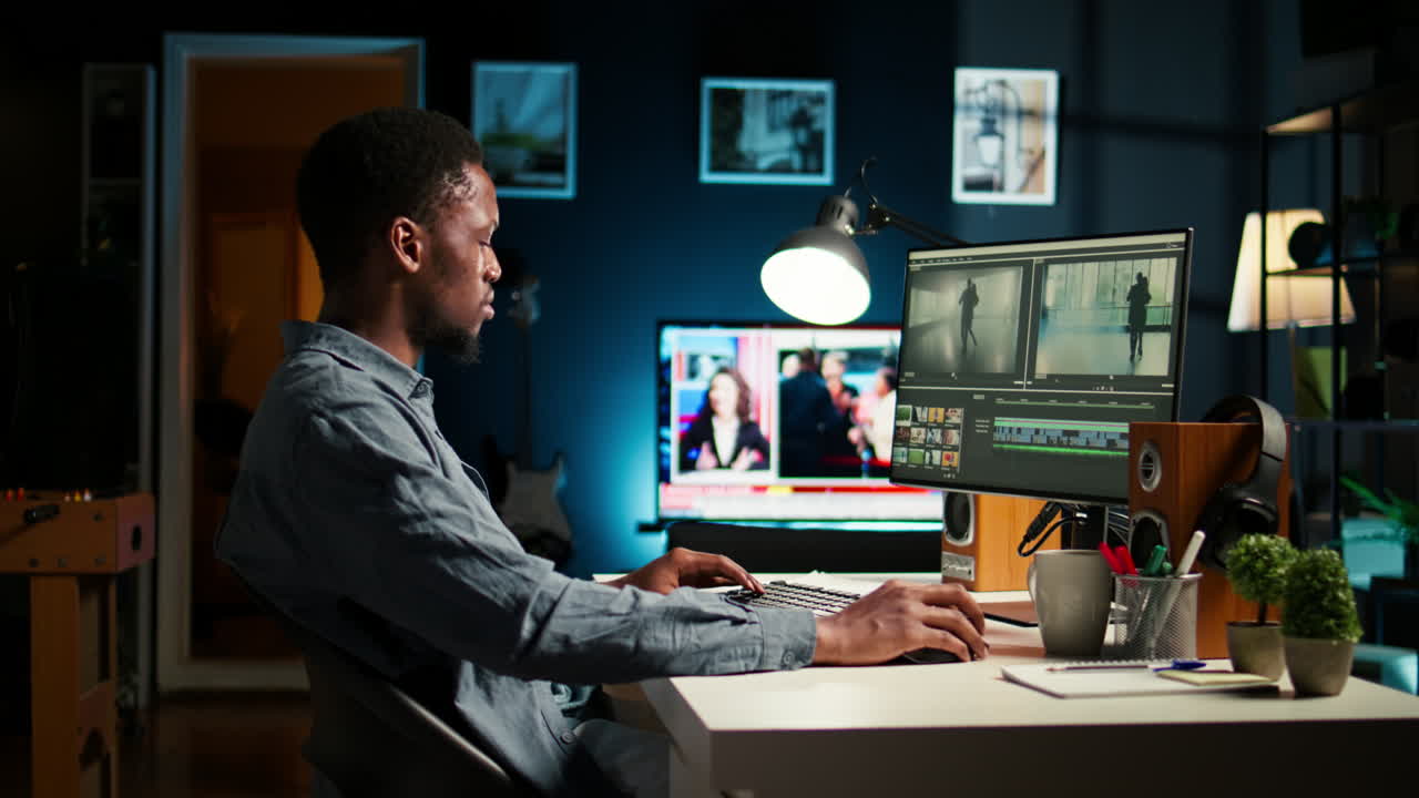 Young man video editor works on editing film footage at home setup