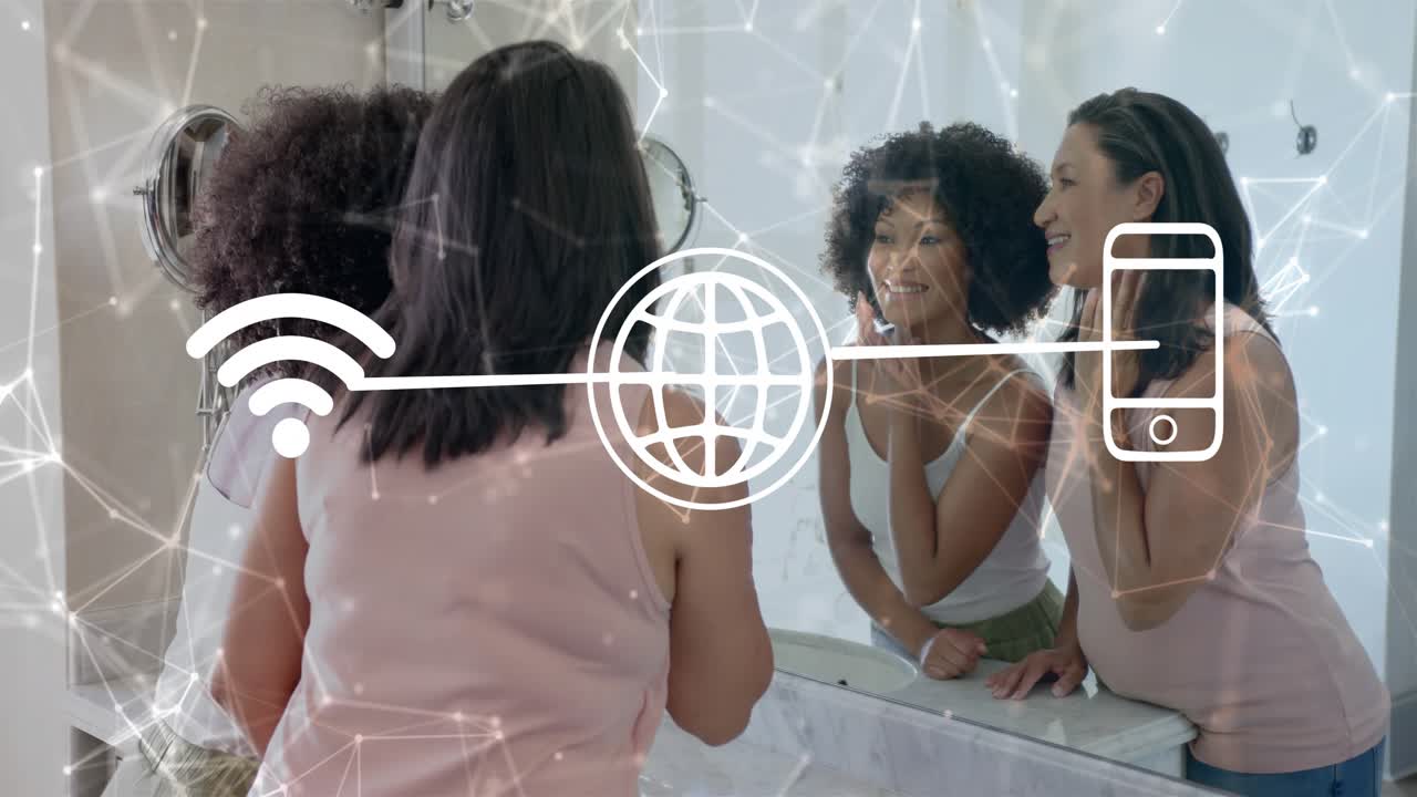 Three women testing skincare, camera panning, overlay linking wifi globe phone icons to reflections