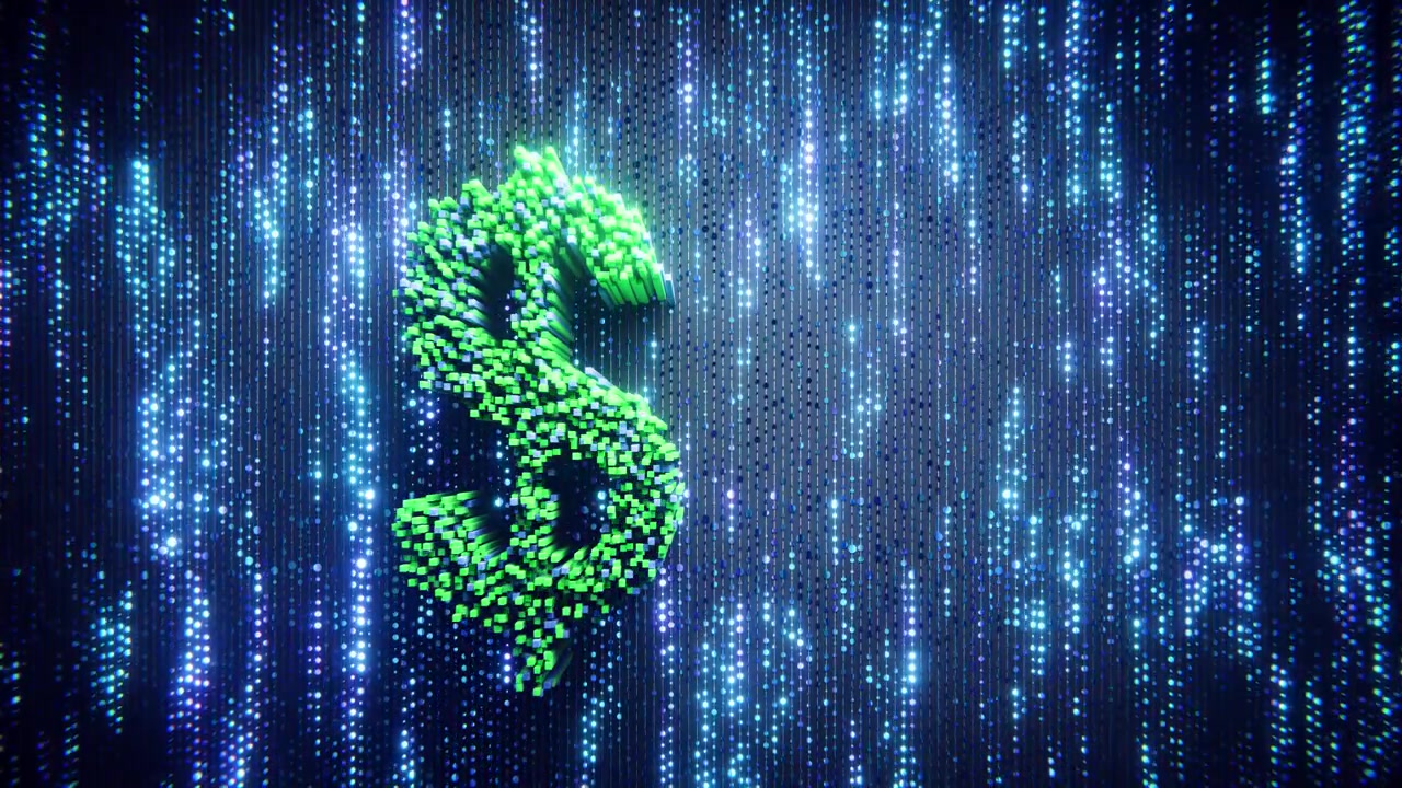 Simbolo del dollaro verde formato da cubi digitali su sfondo luminoso
