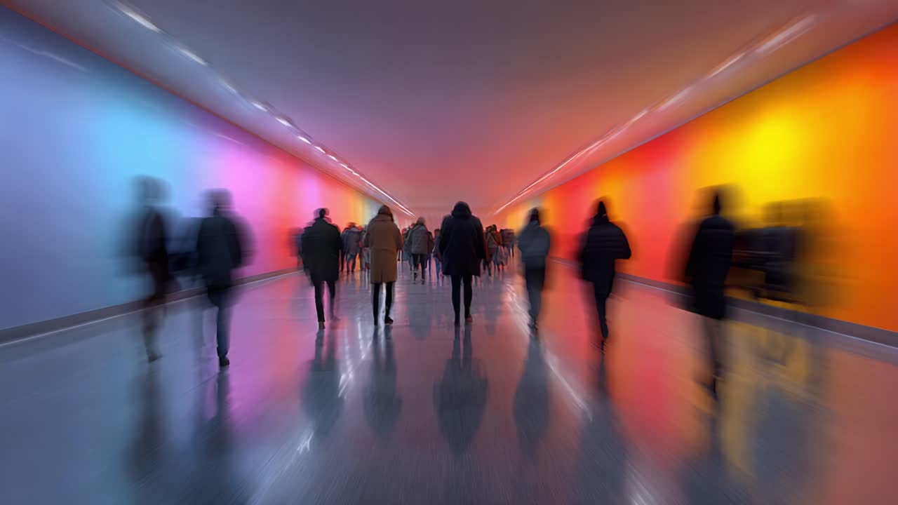A Vibrant Tunnel of Colorful Light and Shadows: People Commuting Through an Artistic Urban Passageway