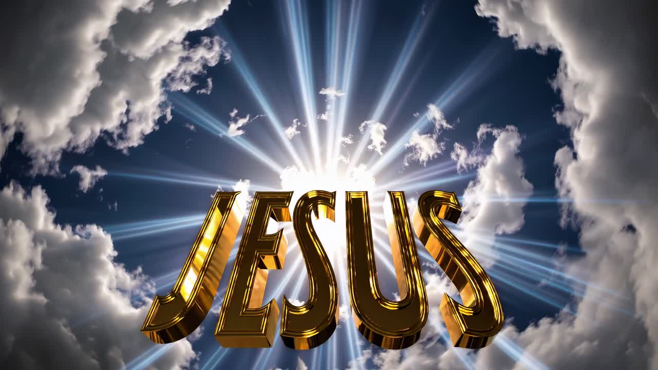 Dramatic video concept with 3D golden text 'JESUS' against a heavenly sky