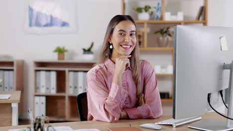 Feliz,-Oficina-Y-Rostro-De-Mujer-De-Negocios