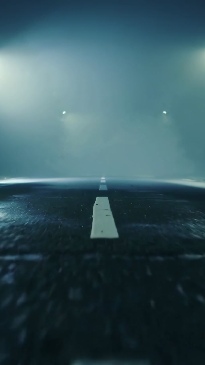 Vertical video: Low-angle camera sliding down wet centerline through fog showing lamp glow for film