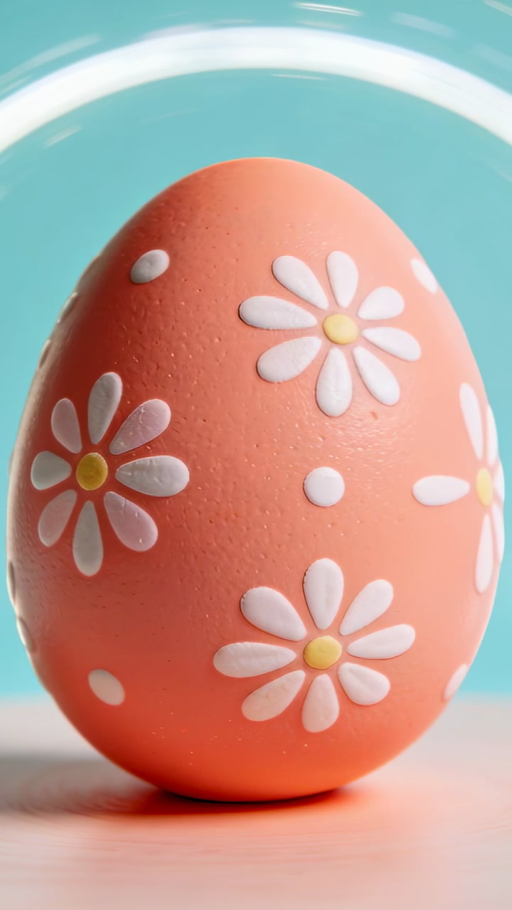 Vertical video: Recording egg rotating on pale top, camera panning as ring light showing daisies