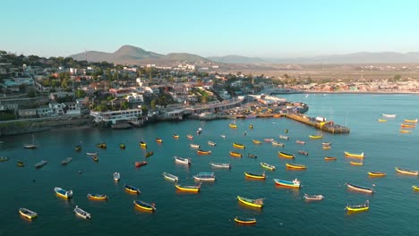 aerial orbit of yellow fishing boats anchored at the dock of tongoy, chile