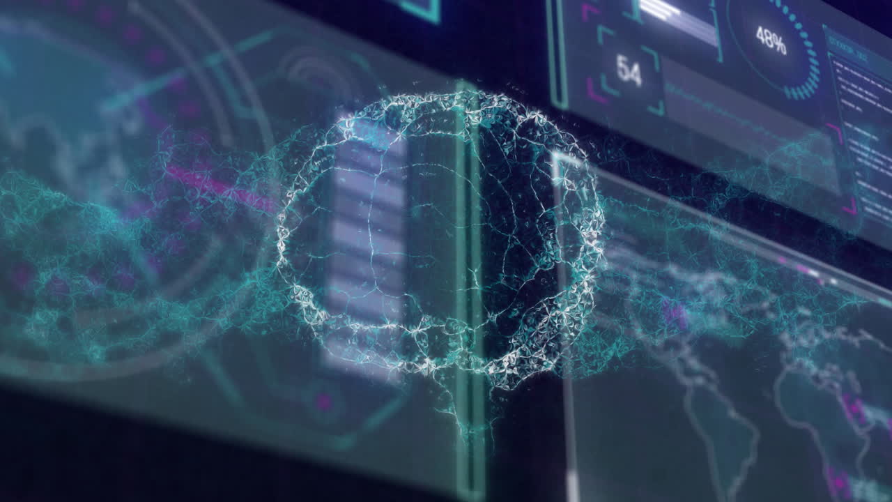 Processing digital data with holographic elements in futuristic interface animation