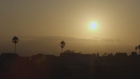 Beautiful-early-morning-sunrise-behind-palm-trees-and-houses