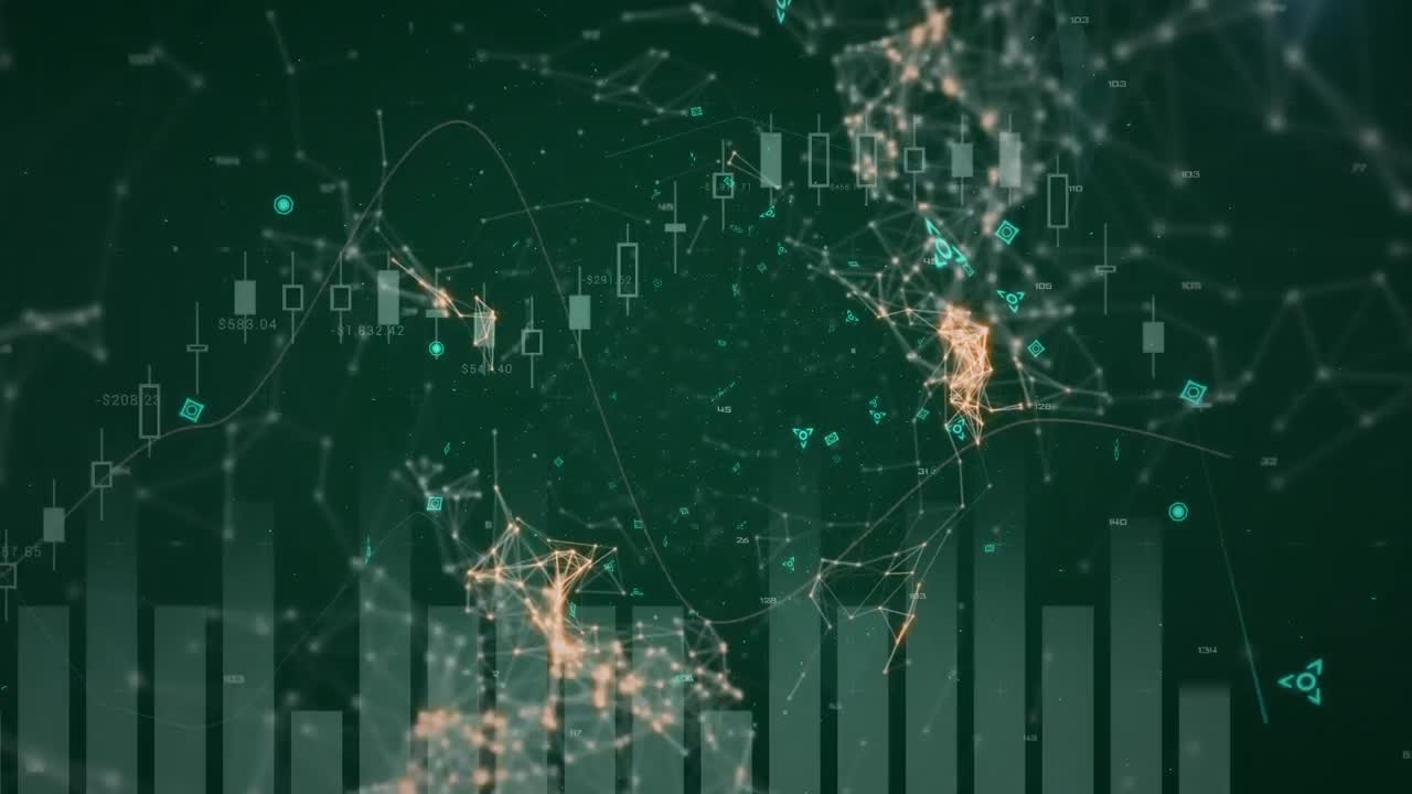 Connecting points in green and orange moving on dark green background with scrolling graph