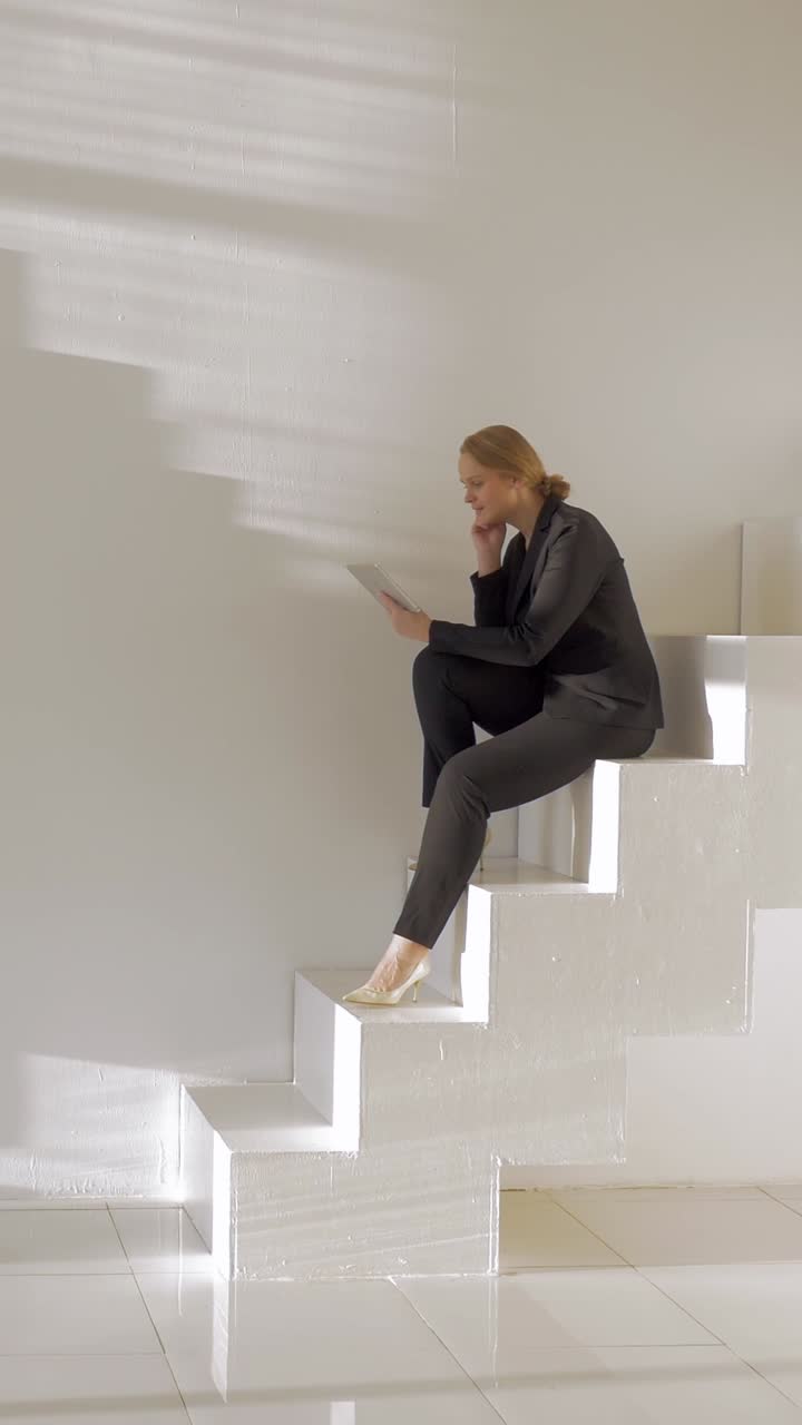 Donna d'affari seduta su scale geometriche con un tablet