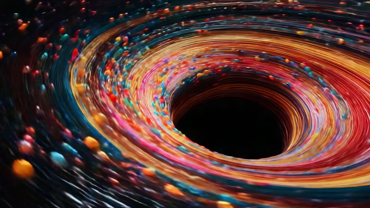 Captivating Visualization of a Black Hole Whirling with Colorful Particles, Creating a Dynamic Scene Where Space Meets Vibrant Energy in a Cosmic Dance of Matter and Light