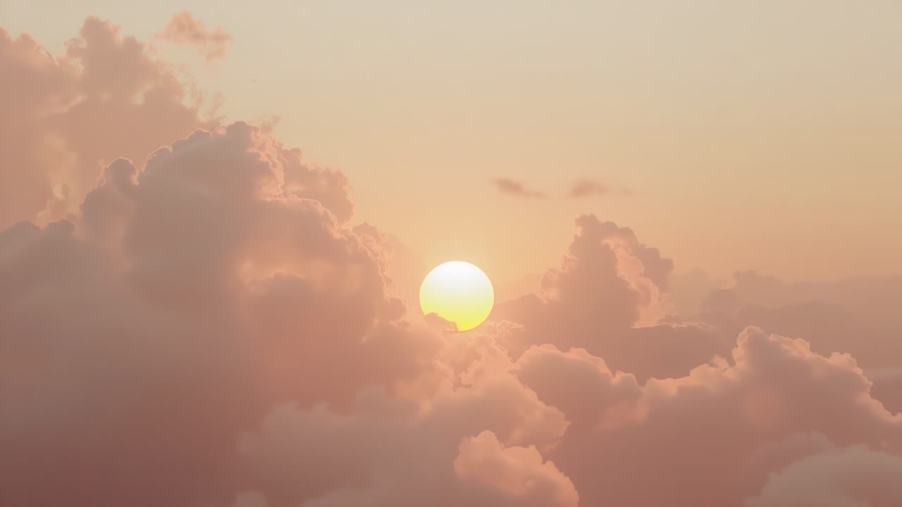 Glowing sun disk ascending above pastel clouds in high-altitude dawn sky, creating warm gradient