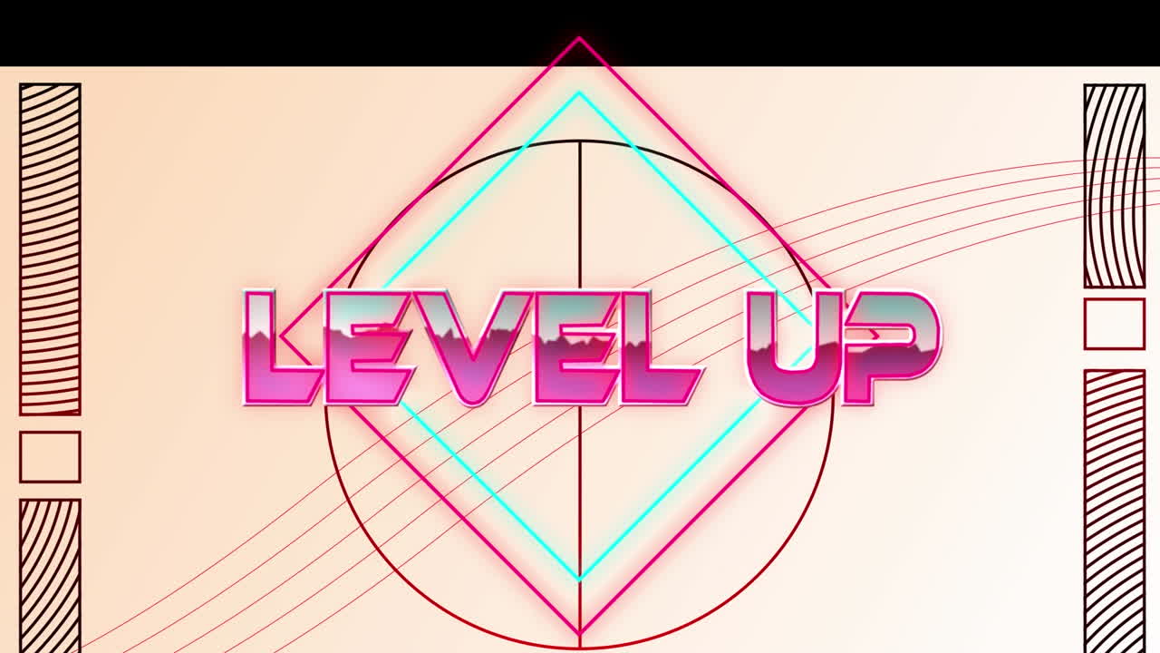 ⁇ 색 배경의 다채로운 기하학적 모양 위에 레벨 업 텍스트의 애니메이션