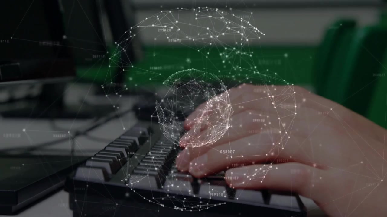 Mani di uomo che digitano, avviando un globo 3D che ruota, poi cliccando il mouse per indicare il completamento dell'inserimento.