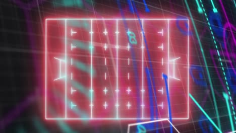 Animation-of-3d-neon-soccer-field-with-plus,-minus-signs-over-hud-processing-on-digital-interface