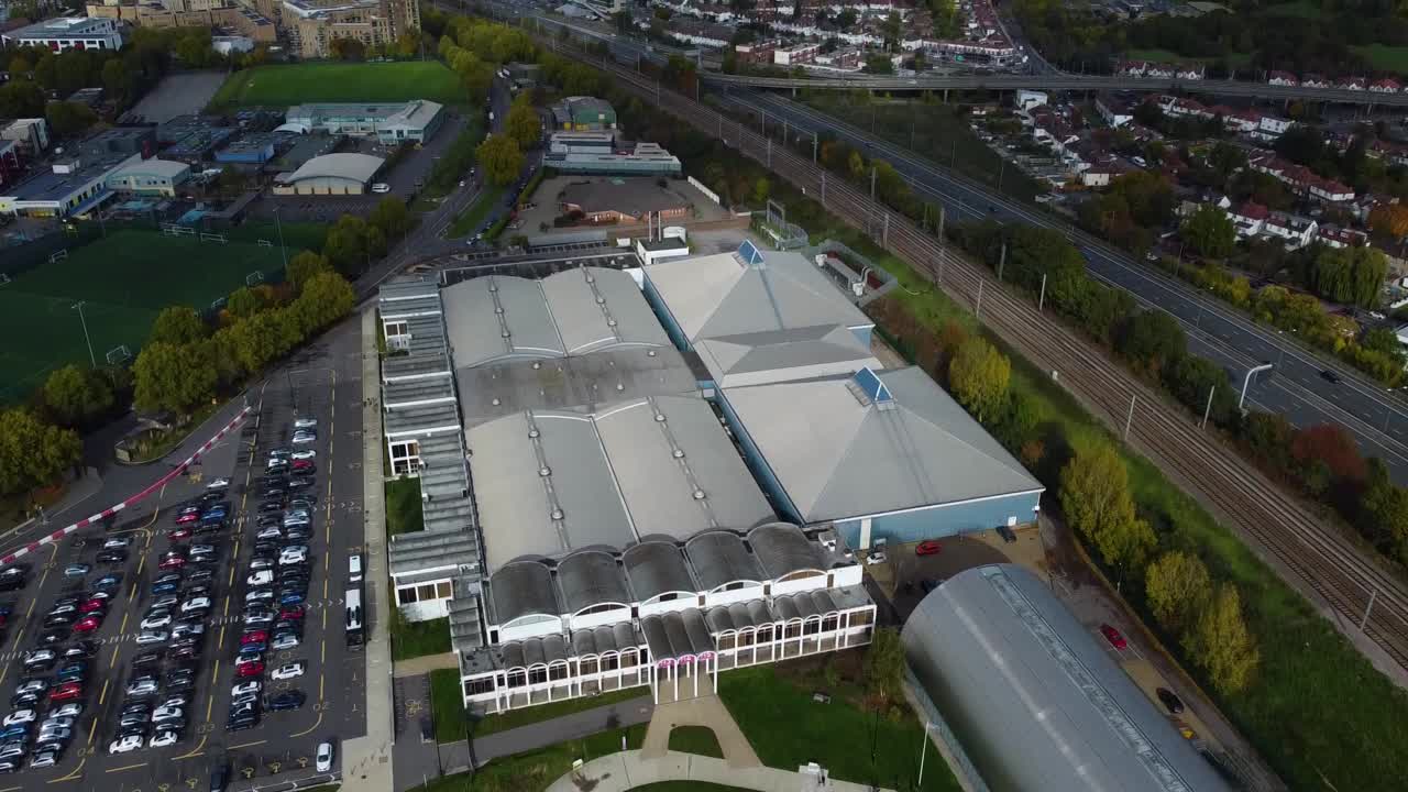 Vertically tilted up drone movement over the historical Royal Air Force military museum areas and exhibition hangars, London, United Kingdom, UK.