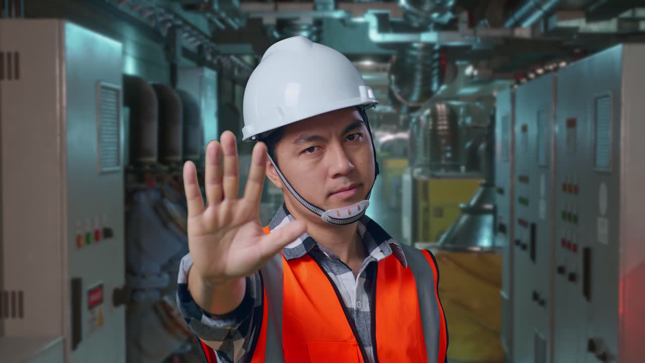 Close Up Of Asian Male Engineer With Safety Helmet Disapproving With No Hand Sign While Standing In Engine Control Room, Work Of Electrical Generators