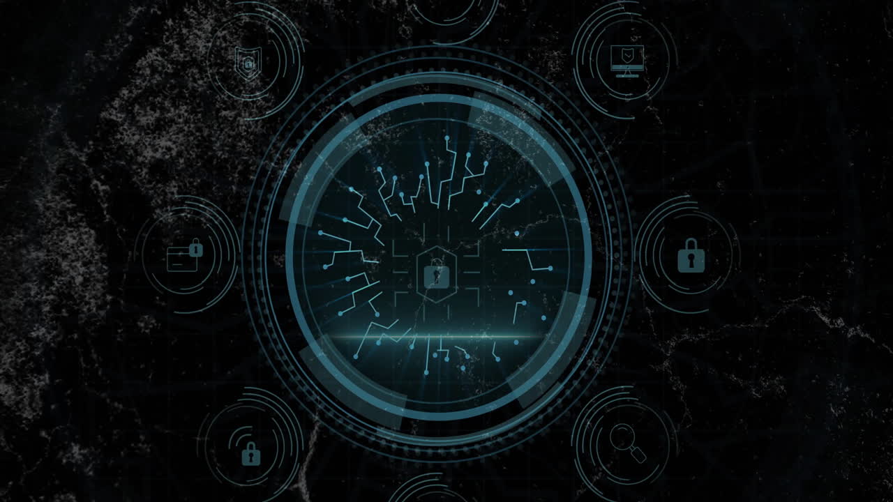 Digital security interface with circuit board animation over dark background
