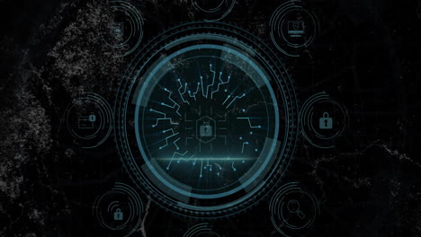 digital security interface with circuit board animation over dark background