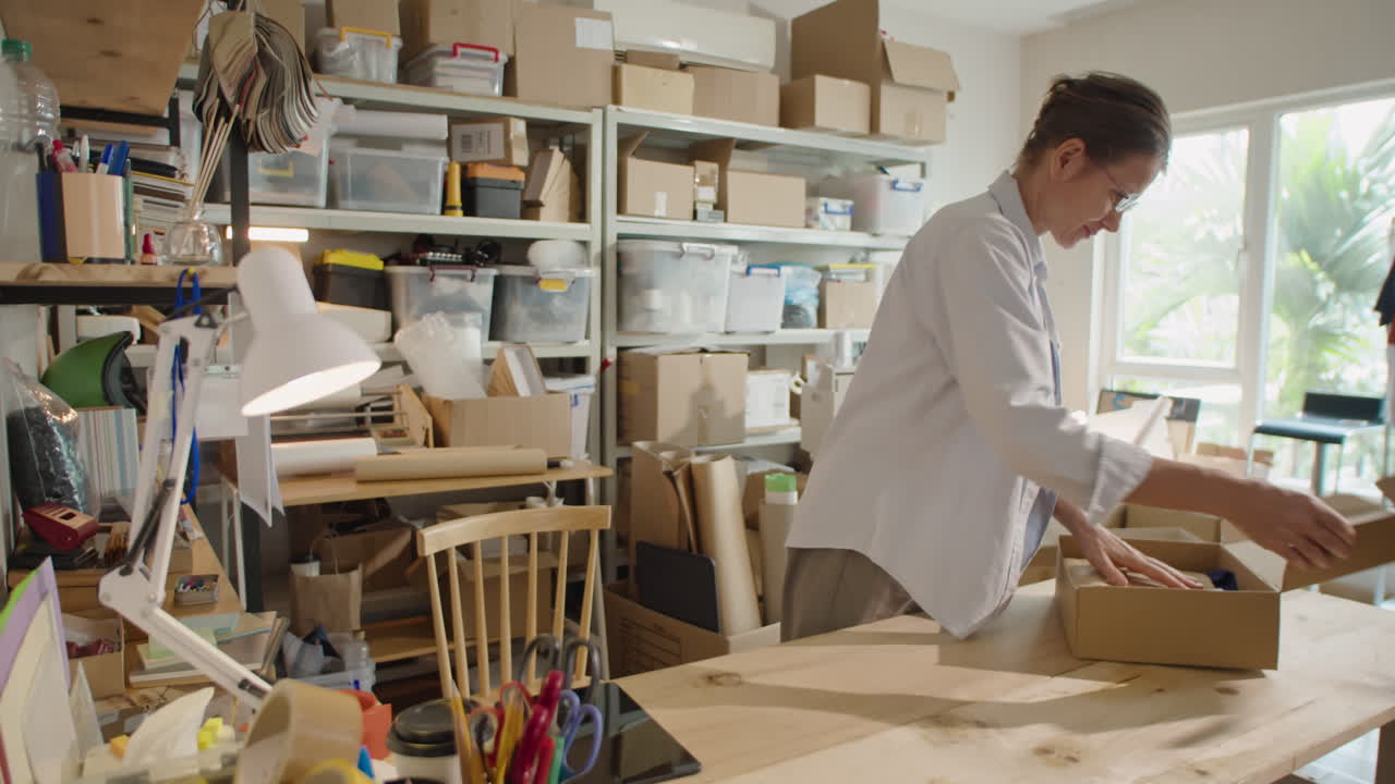 Woman Putting Order into Parcel Box in Online Store Warehouse