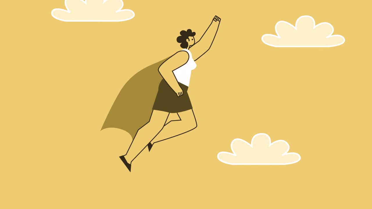 el personaje plano de la mujer de estilo amarillo vuela como un superhéroe. animación de bucle aislado con alpha matters