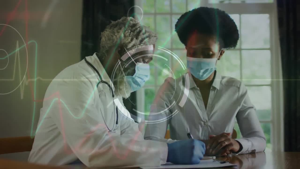 Animation of african american male and female doctors and data processing