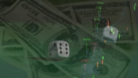 Animation-of-financial-data-processing-over-two-dice-and-american-dollar-bills-on-green-background