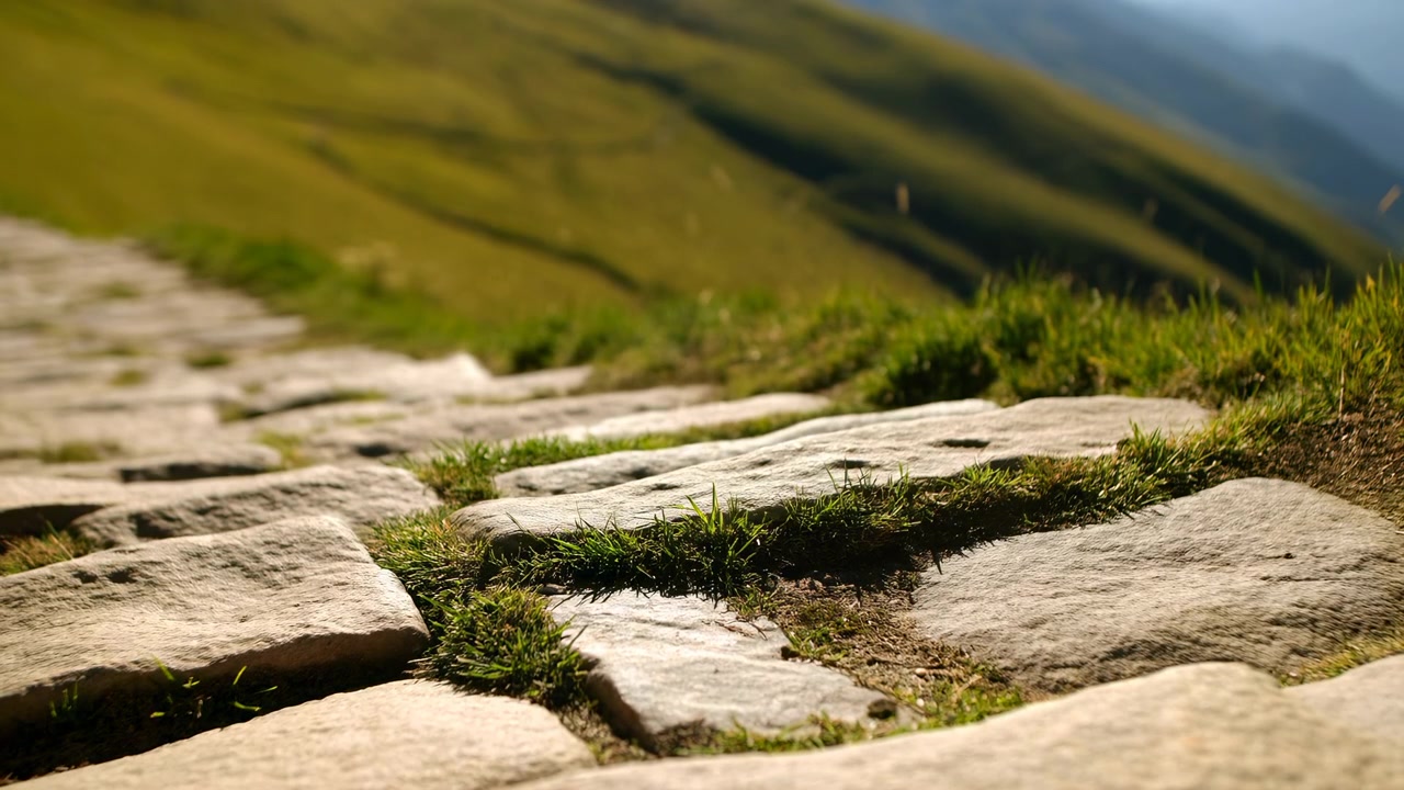 Ground level view along rugged mountain trail with weathered stone slabs, green grass tufts between rocks, rolling hillside, distant alpine peaks and warm golden light with gentle breeze moving grass