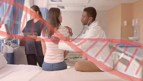 animation of dna strand over diverse male doctor and patient in hospital