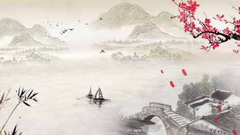 Chinas-Traditionelle,-Chinesische-Tuschemalerei-In-Den-Bergen-Mit-Blumen,-Bäumen,-Vögeln-Und-Einem-Fluss-Im-Nebel-Als-Hintergrundbild